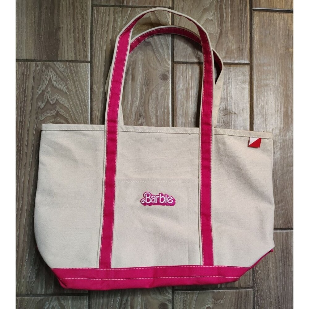 ShoreBags Canvas Tote Bag Barbie Pink Cream Double Shoulder Strap Beach Vacation